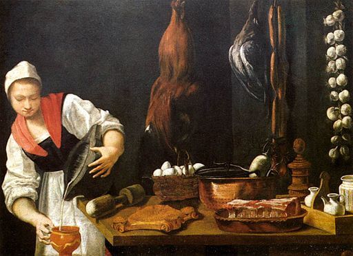 Andrea Commodi, Young woman in kitchen, 1600s