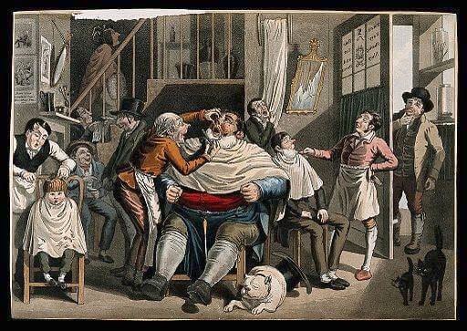 Wellcome Images, A barber cuts a man's face while shaving, Coloured aquatint