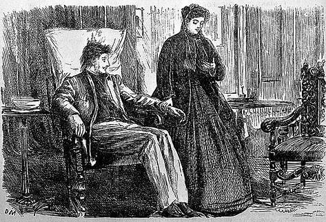 Woman taking a man's pulse, Punch, December 23, 1865