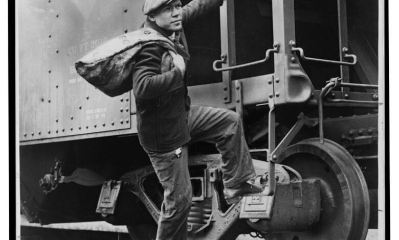 Hobo hopper rail climbing, 1935